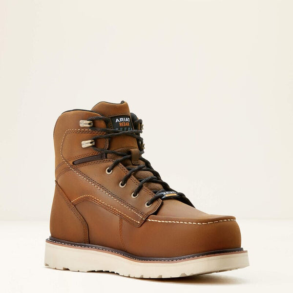 Brown leather boot with black laces on a beige background