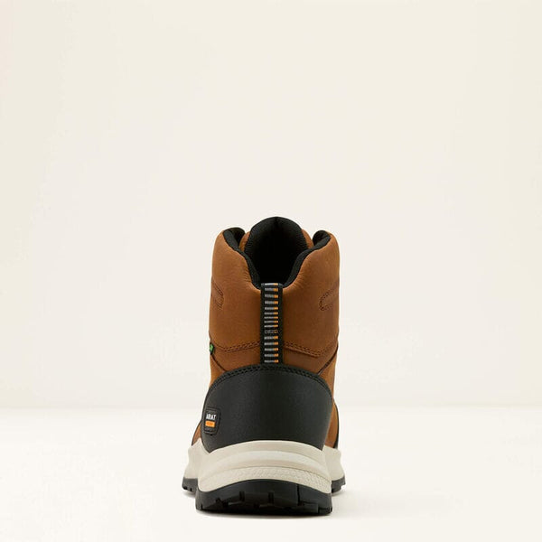 Rear view of a brown work boot with black and white sole on a white background
