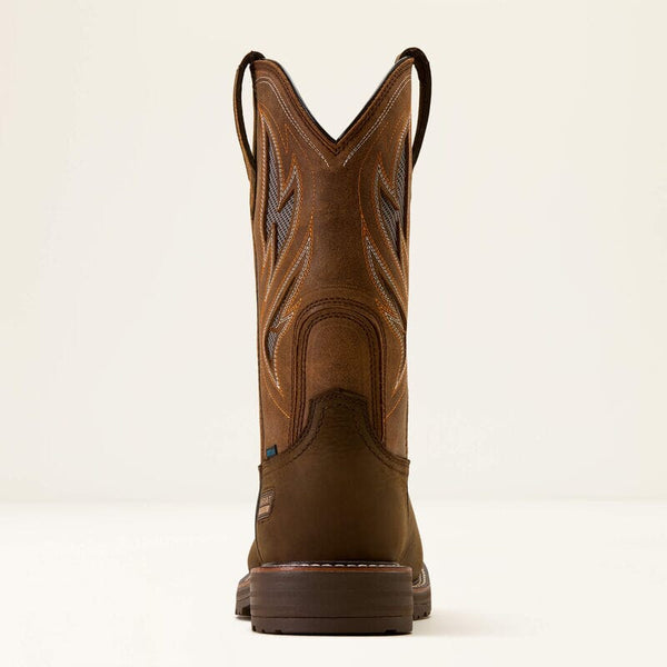 Rear view of a brown cowboy work boot with vented shaft on a white background