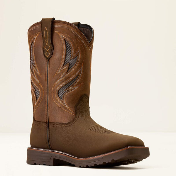 Brown cowboy work boot with vented shaft on a white background