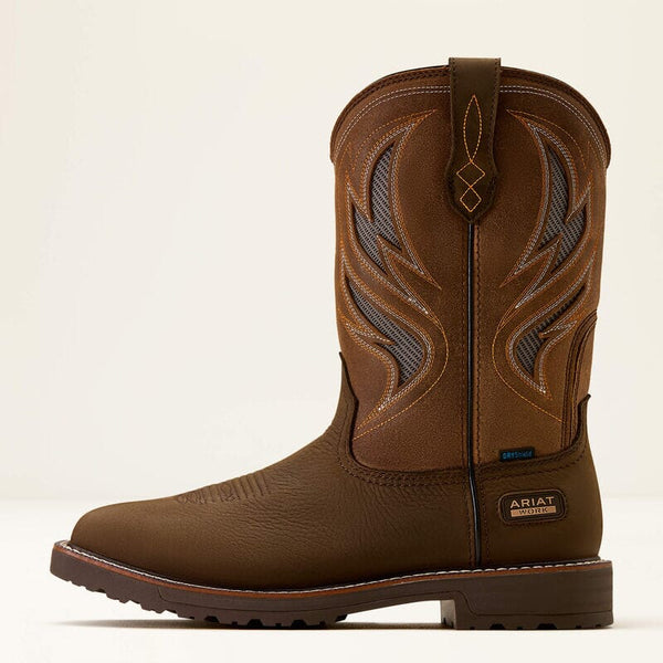 Left side view of a brown cowboy work boot with vented shaft on a white background