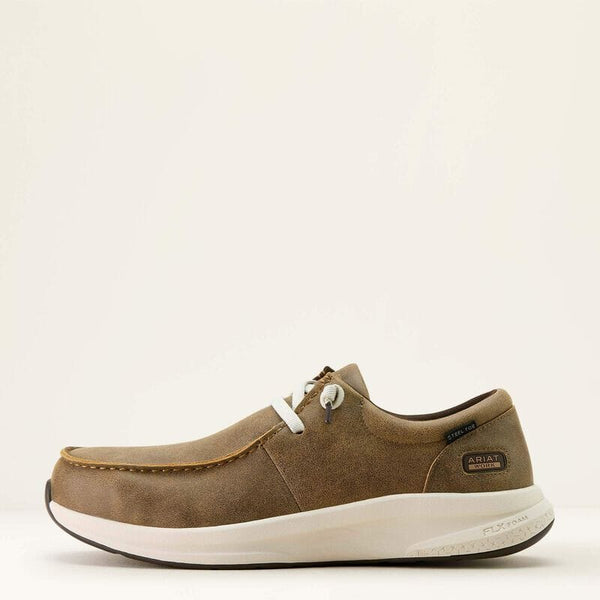 Left side view of a brown moccasin shoe with white sole on a light beige background