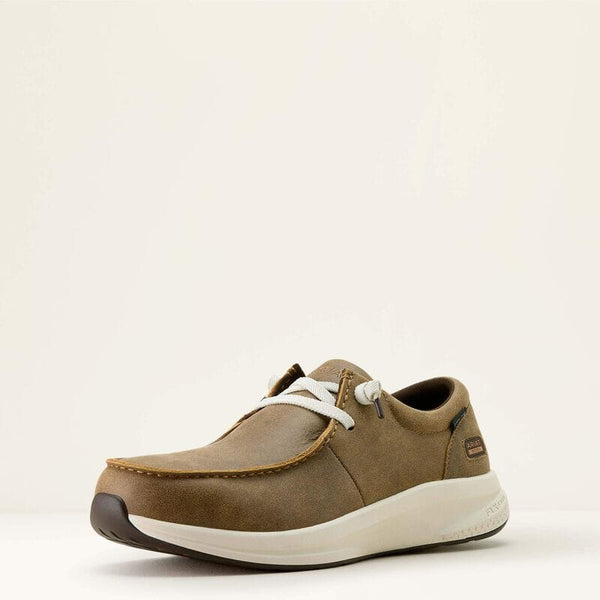 Alternative angle left side view of a brown leather shoe with white laces and sole on a beige background