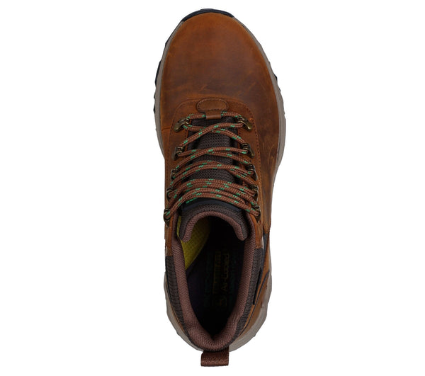 Top view of a brown, lace-up, mid-top men's work boot with waterproof upper.