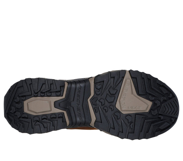 Bottom black and tan sole of men's work boot with Skechers logo in center.