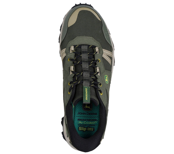 Top view of olive green Skechers slip-in trail shoe with John Deere logo, featuring a lace-up closure, mesh fabric, and cushioned heel.