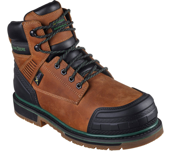 A lace-up work boot with a leather upper featuring a padded collar, brown in color, with green and black detailing on a white background.