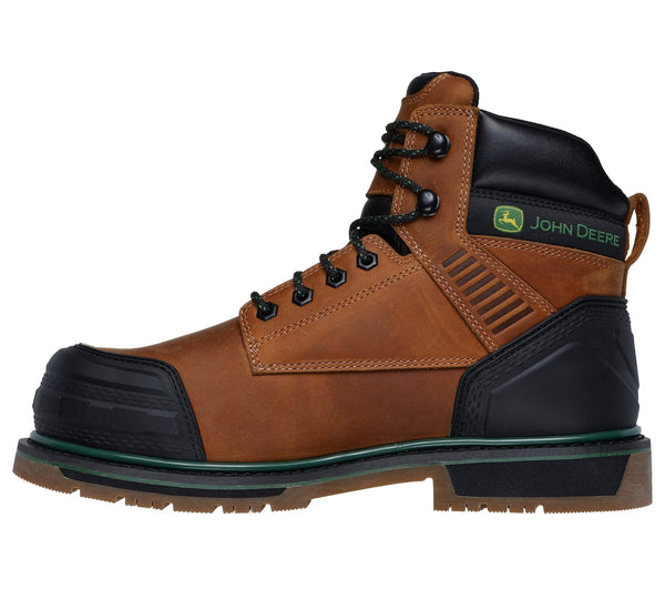 Left side view of a lace-up work boot with a leather upper featuring a padded collar, brown in color, with green and black detailing and logo branding on a white background.