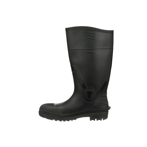 Left side view of tall black rubber boot on a white background