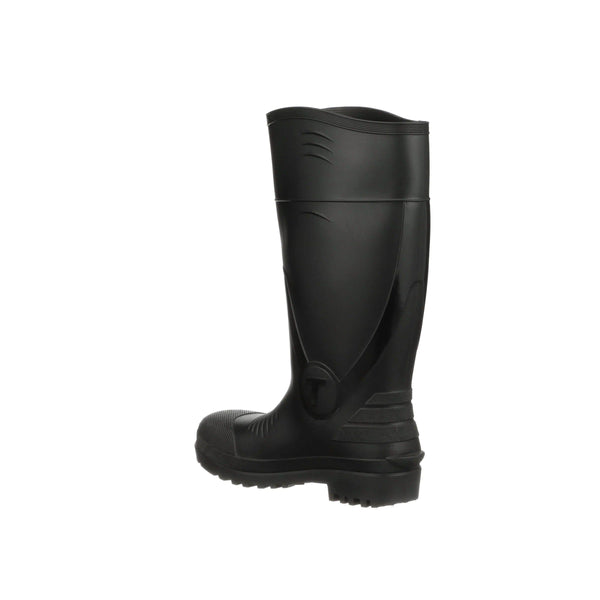 Rear angled view of tall black rubber boot on a white background