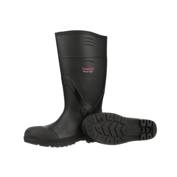 Tall black rubber boots with Tingley branding on a white background