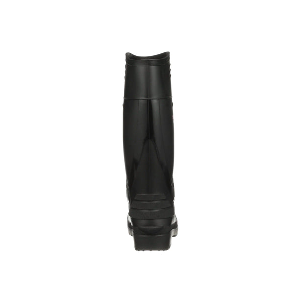 Rear view of tall black rubber boot on a white background