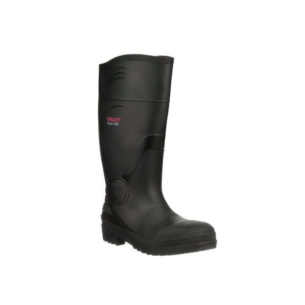 Tall black rubber boot on a white background