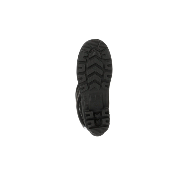 Black boot sole with tread pattern on a white background