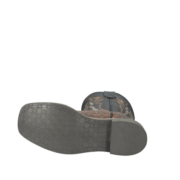 Bottom black sole of kid's square toe cowboy boot with block heel.