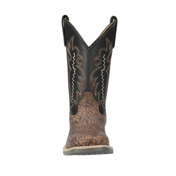 Front view of a brown and black leather kids cowboy boot with a square toe and pull tabs, featuring a stitched pattern on the shaft.