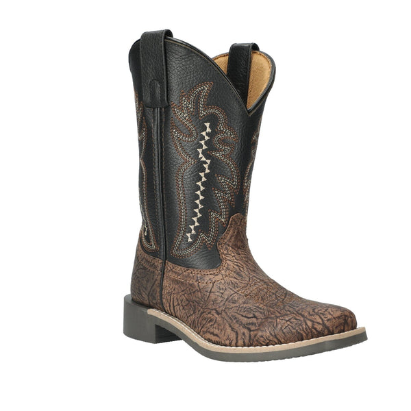 A brown and black leather kids cowboy boot with a square toe and pull tabs, featuring a stitched pattern on the shaft.