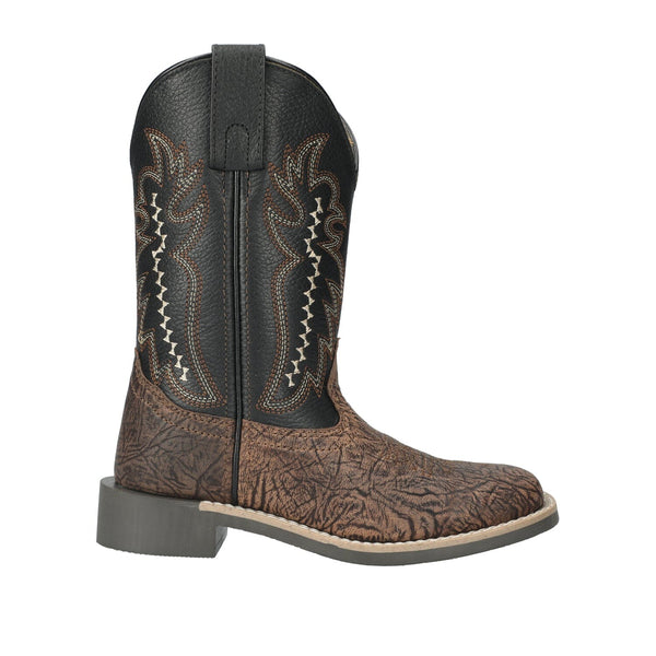 Right side view of a brown and black leather kids cowboy boot with a square toe and pull tabs, featuring a stitched pattern on the shaft.