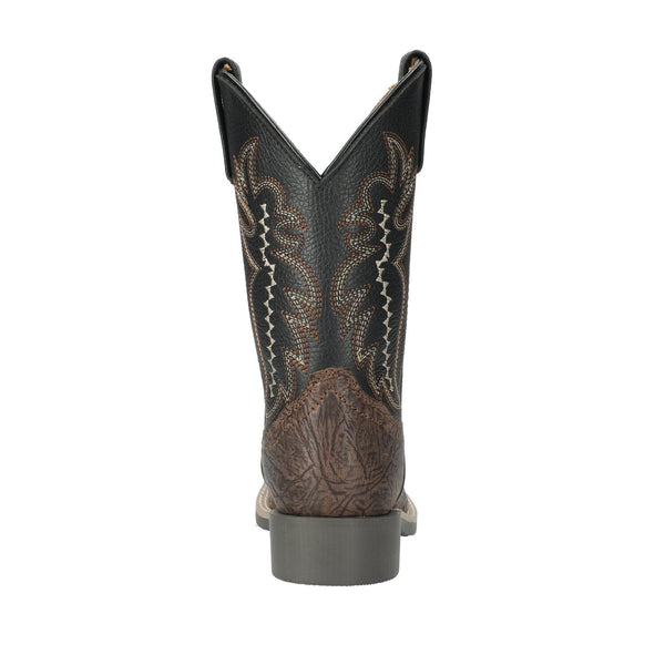 Rear view of a brown and black leather kids cowboy boot with a square toe and pull tabs, featuring a stitched pattern on the shaft.
