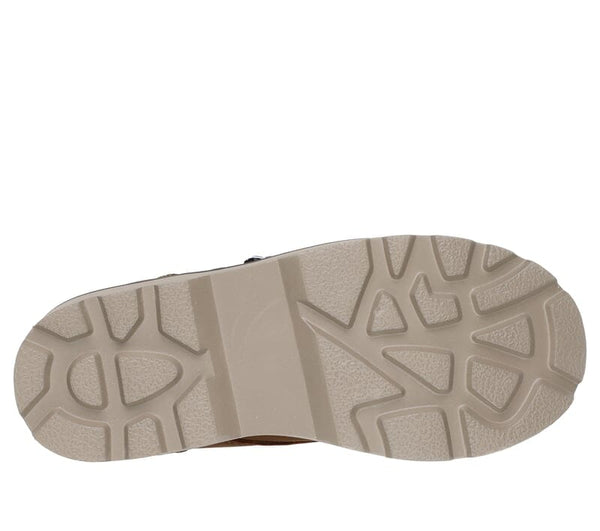 Close-up of a beige shoe sole with tread pattern on a white background