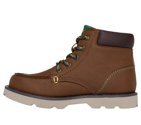 Left side view of brown John Deere kids boot with green and yellow accents on a white background