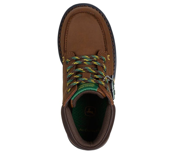 Top view of brown John Deere kids boot with green and yellow accents and laces on a white background