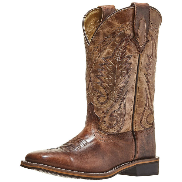 Front angled view of dark and light brown cowboy boot with intricate stitching and square toe on a white background