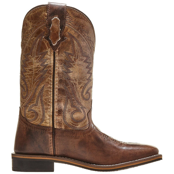 A brown leather cowboy boot with a square toe, featuring a distressed waxed brown vamp and light brown shaft with embroidered design.