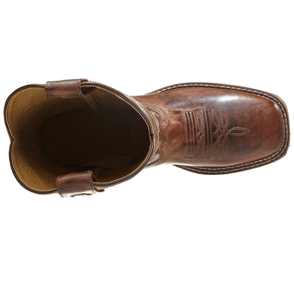 Top view of brown leather square toe boot with pull straps and detailed stitched shaft on a white background