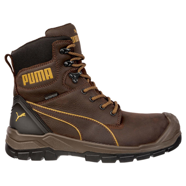 Brown work boot with yellow accents on a white background