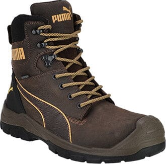 Men's Puma brown and yellow safety work boot with a side zipper, composite toe, and a non-slip sole.