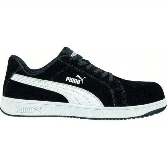 Right side view of black and white Puma work shoes, featuring a lace-up closure on white background