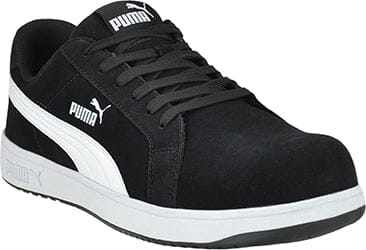 Men's Puma composite toe wedge sole work shoe with a black suede upper and a white sole.