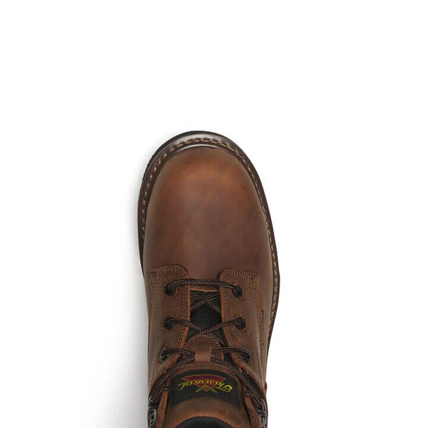 Close up toe view of brown leather boot with laces on a white background