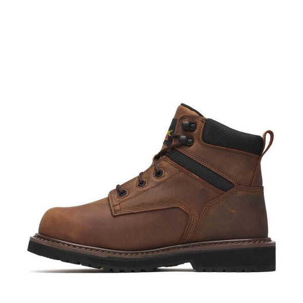 Left side of brown work boot with black accents on a white background
