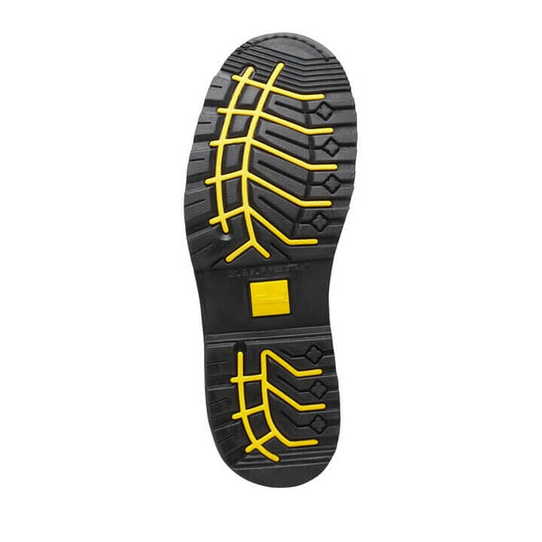 Black and yellow sole of a work boot on a white background