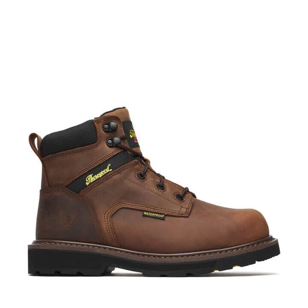 Right side of brown work boot with black and yellow accents on a white background