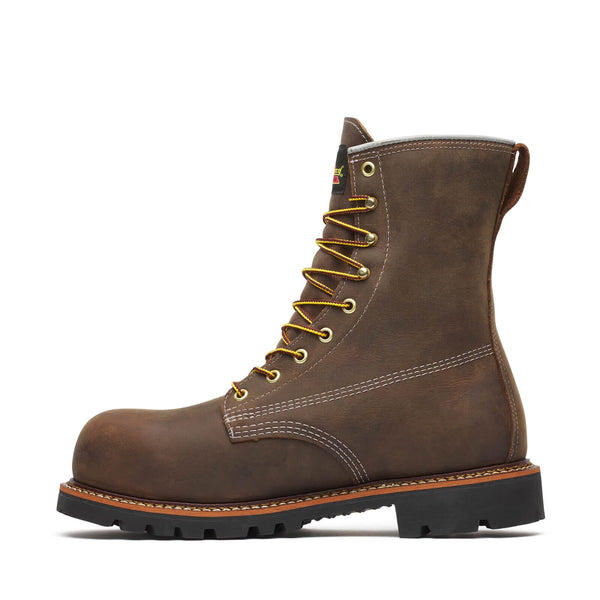 alternate side view of brown work boot with laces on a white background