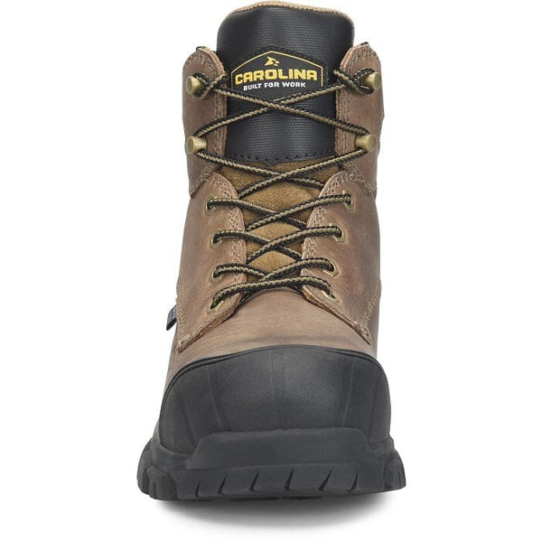 Front view of brown work boot with black sole on a white background