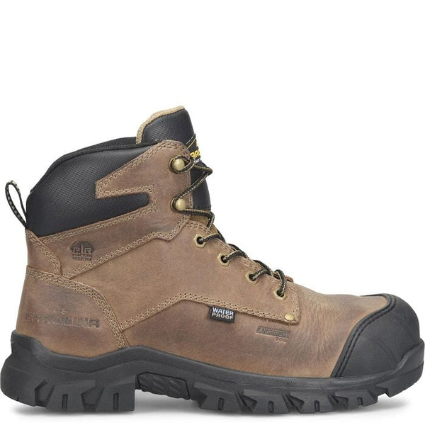Right side view of brown work boot with black sole on a white background