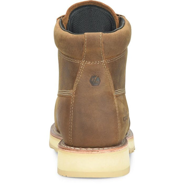 Rear view of brown leather boot with a visible brand logo on a white background