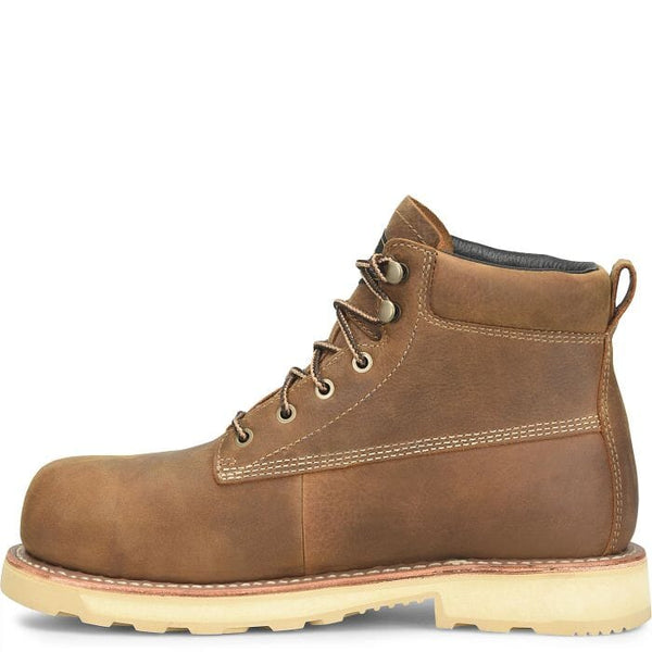 Left side view of brown leather work boot with laces on a white background