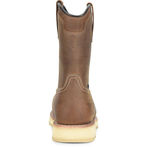 Rear view of brown leather boot with a white sole on a white background