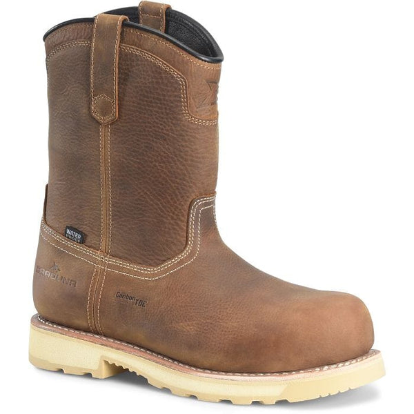 Brown work boot with visible brand logo on a white background