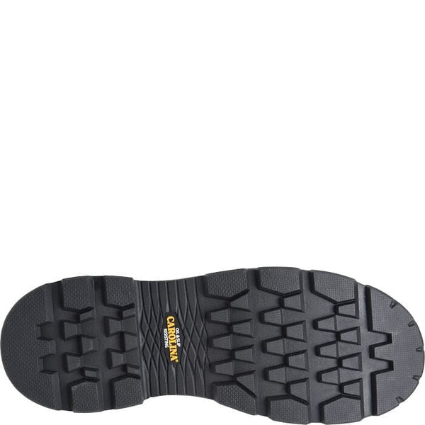 Black sole of a boot with tread pattern and logo branding on a white background