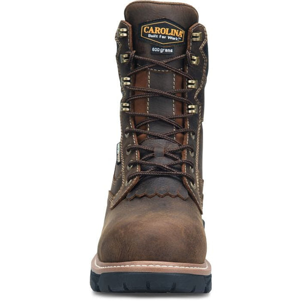 Front view of brown leather tall work boot with laces on a white background, featuring the Carolina logo.