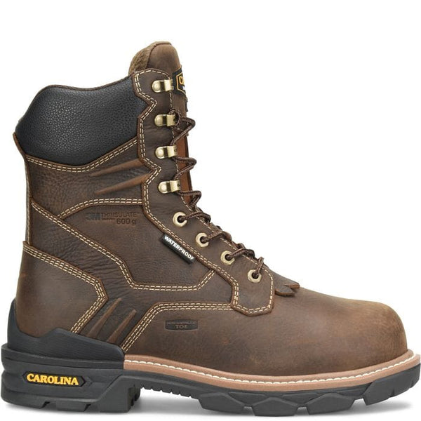 Right side view of brown leather tall work boot with black sole on a white background