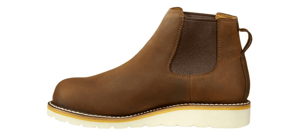 Brown leather boot with a white sole on a white background