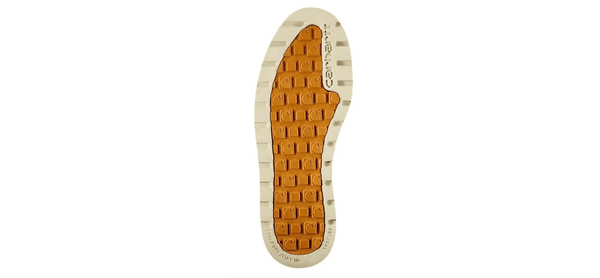 Close-up of a shoe sole with a brand logo on a white background