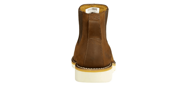Back of Brown leather boot with white sole on a white background